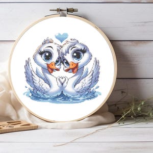 Romantic Swans Cross Stitch Pattern - DIY Love Birds Embroidery - Two Swans in Love XStitch Chart - Cute Swan Needlepoint - Swan Embroidery