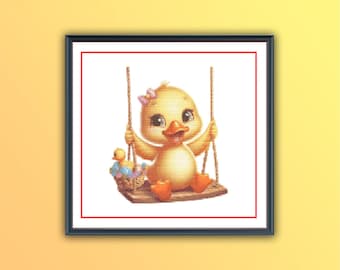 Verspieltes Enten-Schaukel-Kreuzstichmuster – PDF-Stickvorlage für Kinderzimmer zum Selbersticken