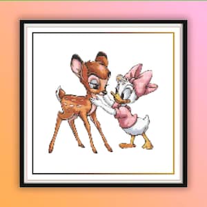 Kruissteekpatroon baby bambi en madeliefje eend – ontwerp lieve dierenvrienden, gemakkelijk te volgen, pdf-borduurkaart voor schattige kinderhoepelkunst