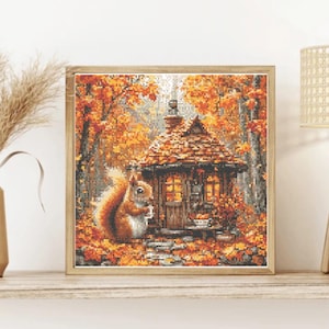 Autumn Themed Squirrel Cross Stitch Chart - Instant Download, Rustic Home Decor Embroidery Pattern - Fall Squirrel Design, for Home Decor