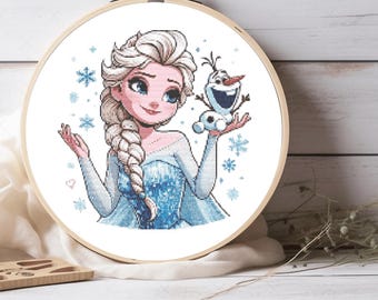 Frozen Elsa and Cute Little Olaf Cross Stitch Pattern, Elsa Frozen Pattern, For Girl Decor, For Kids Decor, Gift For Kids - PDF Pattern File