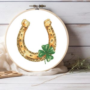 Glücksbringer goldenes Hufeisen und Kleeblatt Kreuzstich Muster - schickes Hufeisen und Kleeblatt - DIY Hufeisen Basteln - Sofortiges PDF