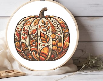 Fall Harvest Pumpkin Cross Stitch Pattern – Easy to Follow – Rustic DIY PDF Hoop Art for Autumn Home Decor and Thanksgiving Fans