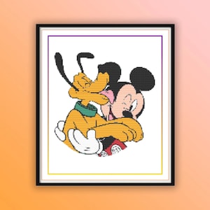 May include: A framed cross-stitch featuring Mickey Mouse and Pluto in a loving embrace. Mickey is in black, white, and red, while Pluto is yellow with a green collar. The artwork is set against a white background with a black frame.