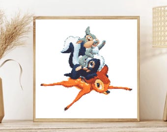 Bambi Thumper Flower Cross Stitch Pattern - Woodland Animals