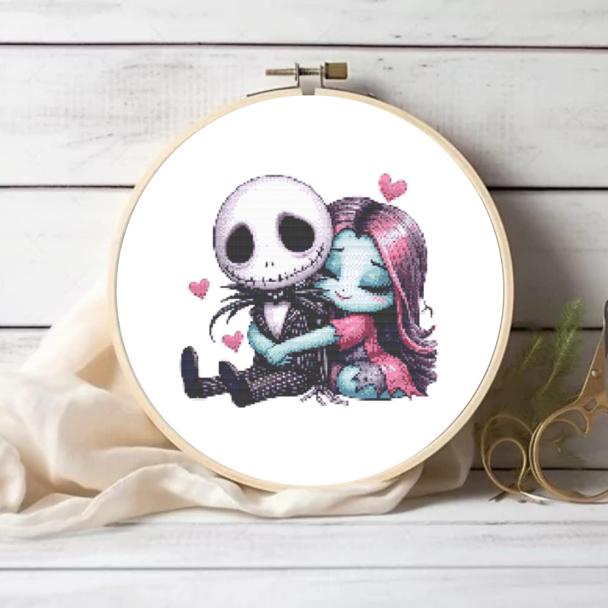 The Nightmare Before Christmas ピンバッチアート Jack Skellington & Sally Love Cross Stitch Pattern - Spooky