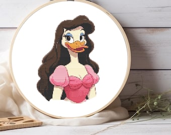 Cute Duck as Ariel Princess Cross Stitch Pattern - Duck as Mermaid Princess Embroidery Design for Fantasy Hoop Art Lovers