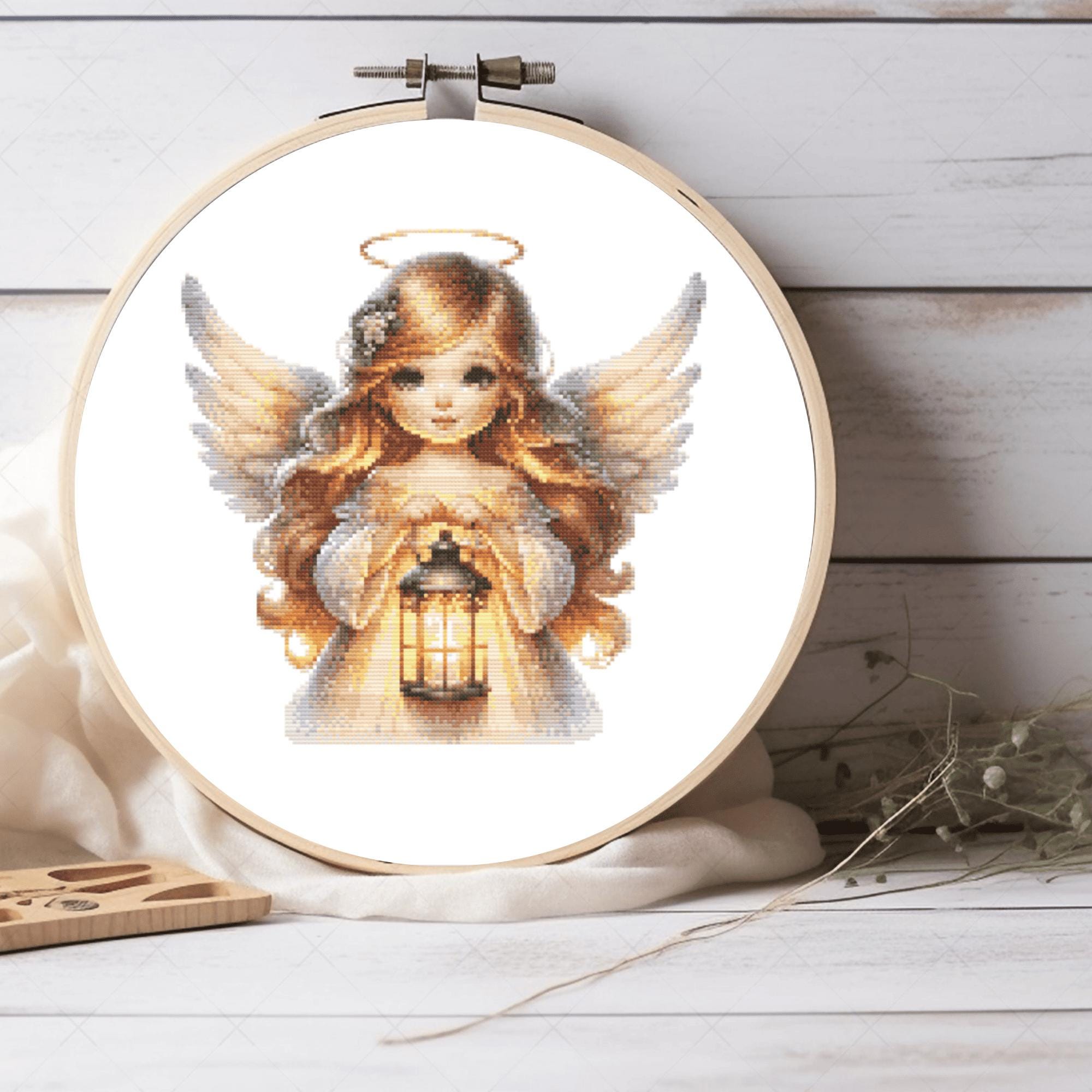 Sweet Little Angel Who Radiates Light Cross Stitch Pattern – Glowing Heavenly Design – Spiritual PDF Chart for DIY Embroidery Hoop Fans
