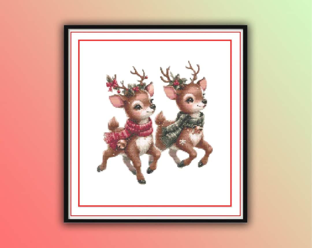 お祝いのトナカイ兄弟のクロスステッチパターン - 保育園の装飾に最適