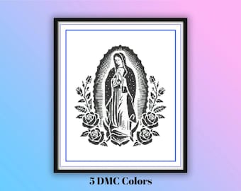 Virgin Mary in Prayer with Roses Cross Stitch Pattern – Elegant Marian DIY Hoop Art for Peaceful Decor – Christian PDF Download
