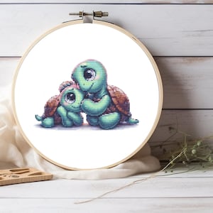 May include: Two cute cartoon turtles with big eyes, one hugging the other. The turtles are green with brown shells and are on a white background.