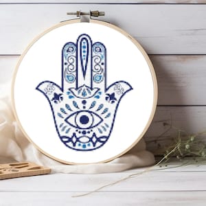 Hamsa Hand Kreuzstich Muster, Evil Eye Muster, Evil Eye Hamsa Anfänger Stich, Bunte Hand der Fatima, Pattern keeper Kompatibel PDF