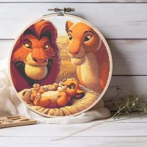 Mufasa, Sarabi und Baby Simba Kreuzstich Stickmuster PDF - König der Löwen inspirierte Stickdatei für Kinderzimmer oder Familien-Wanddekor