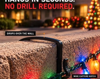 May include: A black Zion Forged wall hook featuring a U-shaped design that drops over a wall and a wire capture notch for holiday lights. Text on the image reads: ZION FORGED, HANGS IN SECONDS. NO DRILL REQUIRED. DROPS OVER THE WALL, WIRE CAPTURE NOTCH.