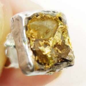Raw Diamant Verlobungsring, 24K Gold Basis, Silber Blume Ring, einzigartiges Design Bild 6