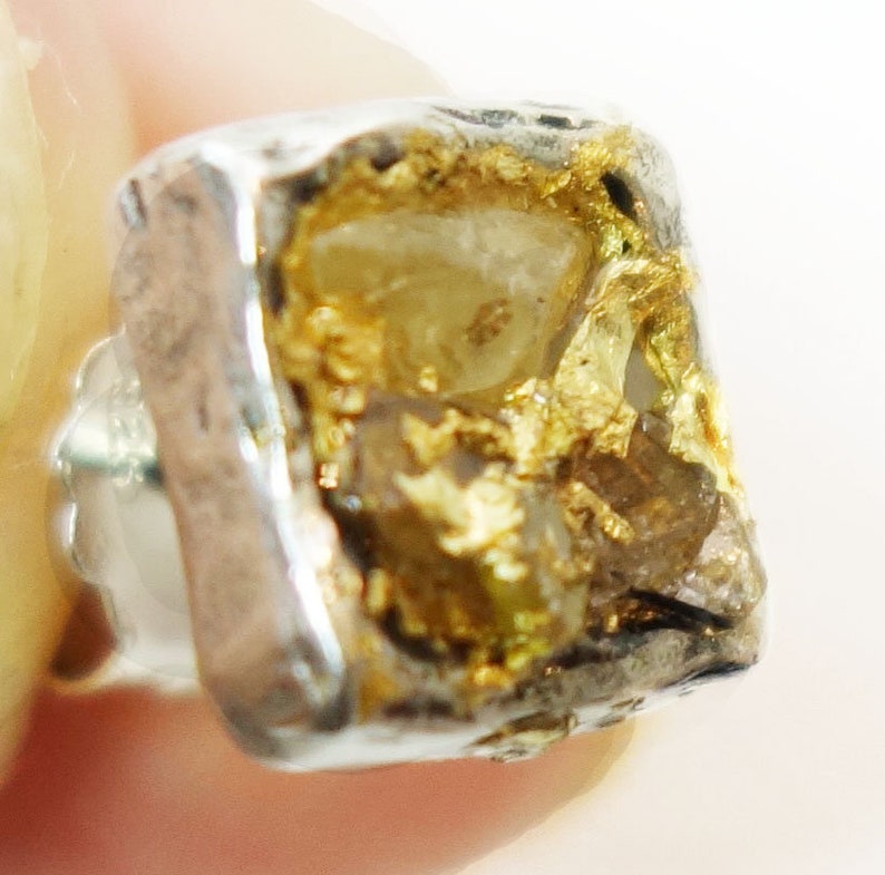 Raw Diamant Verlobungsring, 24K Gold Basis, Silber Blume Ring, einzigartiges Design Bild 6