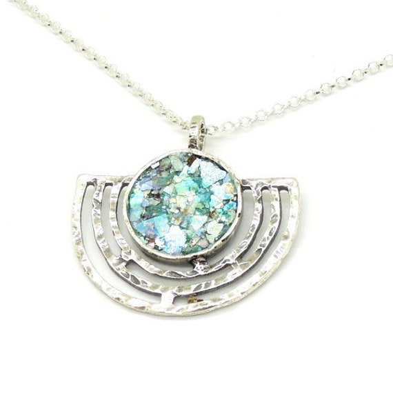 Ancient Roman Glass Necklace with Oval Glass Concentric Circles Sterling Silver Ancient Roman Glass Necklace with Oval Glass Concentric Circles Sterling Silver
