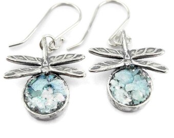 Silver earrings, Roman glass jewelry, Sterling silver 925, Gift, Dragonfly Earrings, Hadas1951, Israel jewelry, Silver Earrings (as421614)