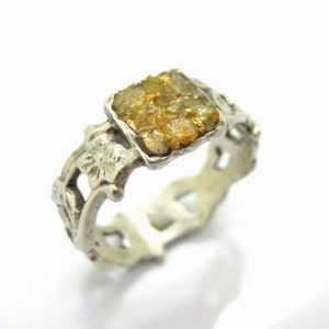 Raw Diamant Verlobungsring, 24K Gold Basis, Silber Blume Ring, einzigartiges Design Bild 3