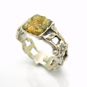 Raw Diamant Verlobungsring, 24K Gold Basis, Silber Blume Ring, einzigartiges Design Bild 2