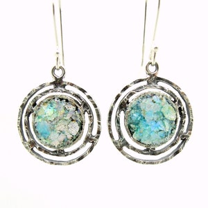 Roman Glass Jewelry, Hadas1951, 925 Sterling Silver, Israeli Jewelry, Silver Round Dangle Earrings with Roman Glass, Handmade, Gift (140099)
