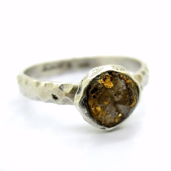 Raw diamond engagement ring,  24K gold base, silver band, unique design
