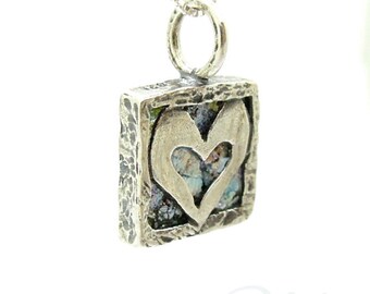 100% Authentic Ancient Glass Hadas1951 Sterling Silver Israeli Jewelry Silver Pendant Heart with Roman Glass Valentines Day Gift (rg 500916)