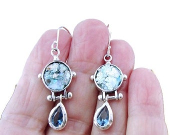 Ancient Glass Roman Glass Jewelry Gemstone Earrings Blue Topaz Sterling Silver Earrings Handmade Israeli Jewelry Drop Shape Earrings(407012)