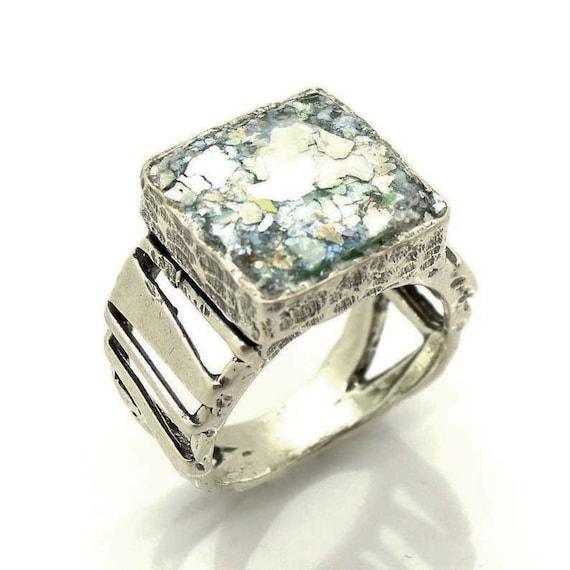 Ancient Roman Glass Ring Square Shape Multicolored Sterling Silver Ancient Roman Glass Ring Square Shape Multicolored Sterling Silver