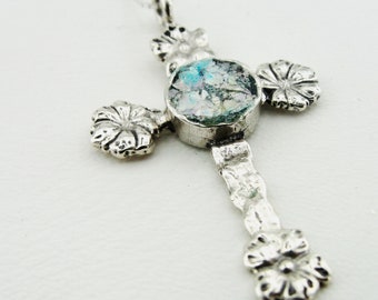 Sterling Silver Cross Pendant: Ancient Roman Glass Flower Jewelry