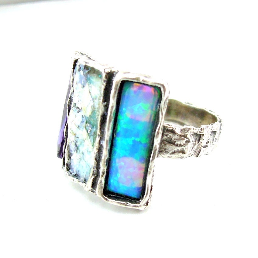 Amethyst Opal and Roman Glass Silver Ring - Etsy