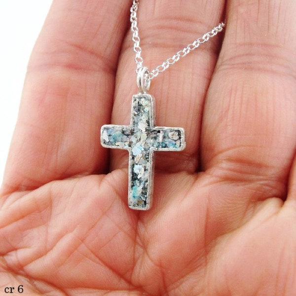 Blue Roman Glass Cross, Solid Sterling Silver cross, Israeli Jewelry, Cross Pendant ,Roman Glass, Handmade,jerusalem  Christmas Gift (cr 6)