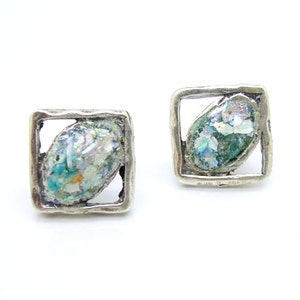 Small Silver square stud earrings with roman glass