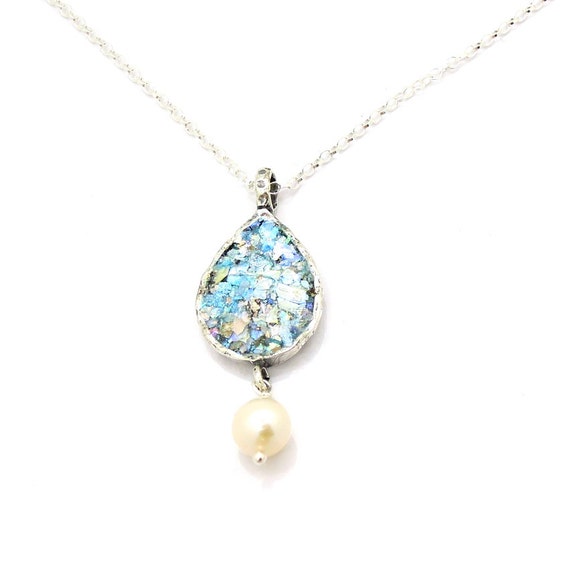 Ancient Roman Glass Necklace with Teardrop Shape Sterling Silver Ancient Roman Glass Necklace with Teardrop Shape Sterling Silver