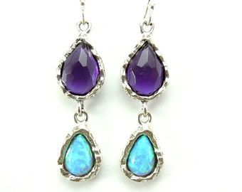Silber Ohrringe tropfenförmigen Amethyst Kronleuchter & Opal