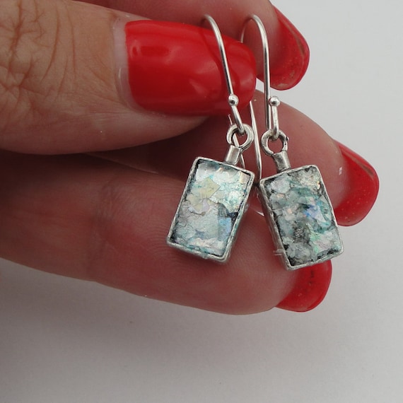 Ancient Roman Glass Earrings Small Dangle Sterling Silver Handmade Ancient Roman Glass Earrings Small Dangle Sterling Silver Handmade
