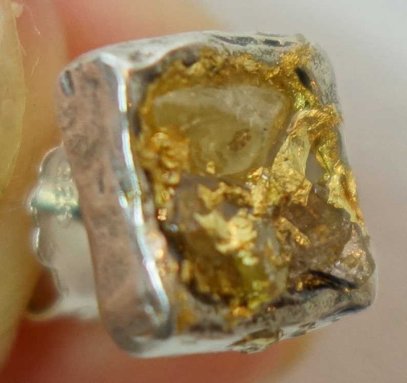 Raw Diamant Verlobungsring, 24K Gold Basis, Silber Blume Ring, einzigartiges Design Bild 7