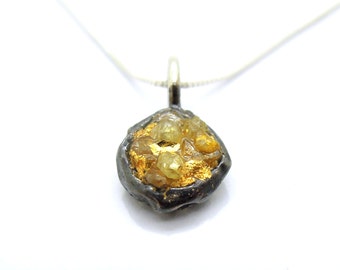 Raw diamond necklace pendant, 24K Yellow gold in oxidized silver, Silver chain included