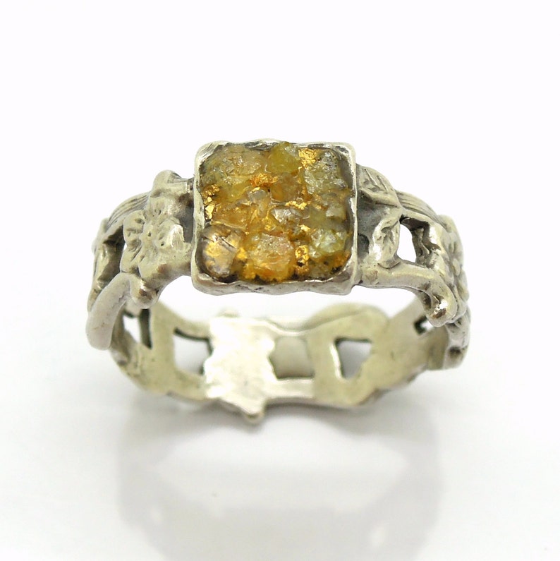 Raw Diamant Verlobungsring, 24K Gold Basis, Silber Blume Ring, einzigartiges Design Bild 4