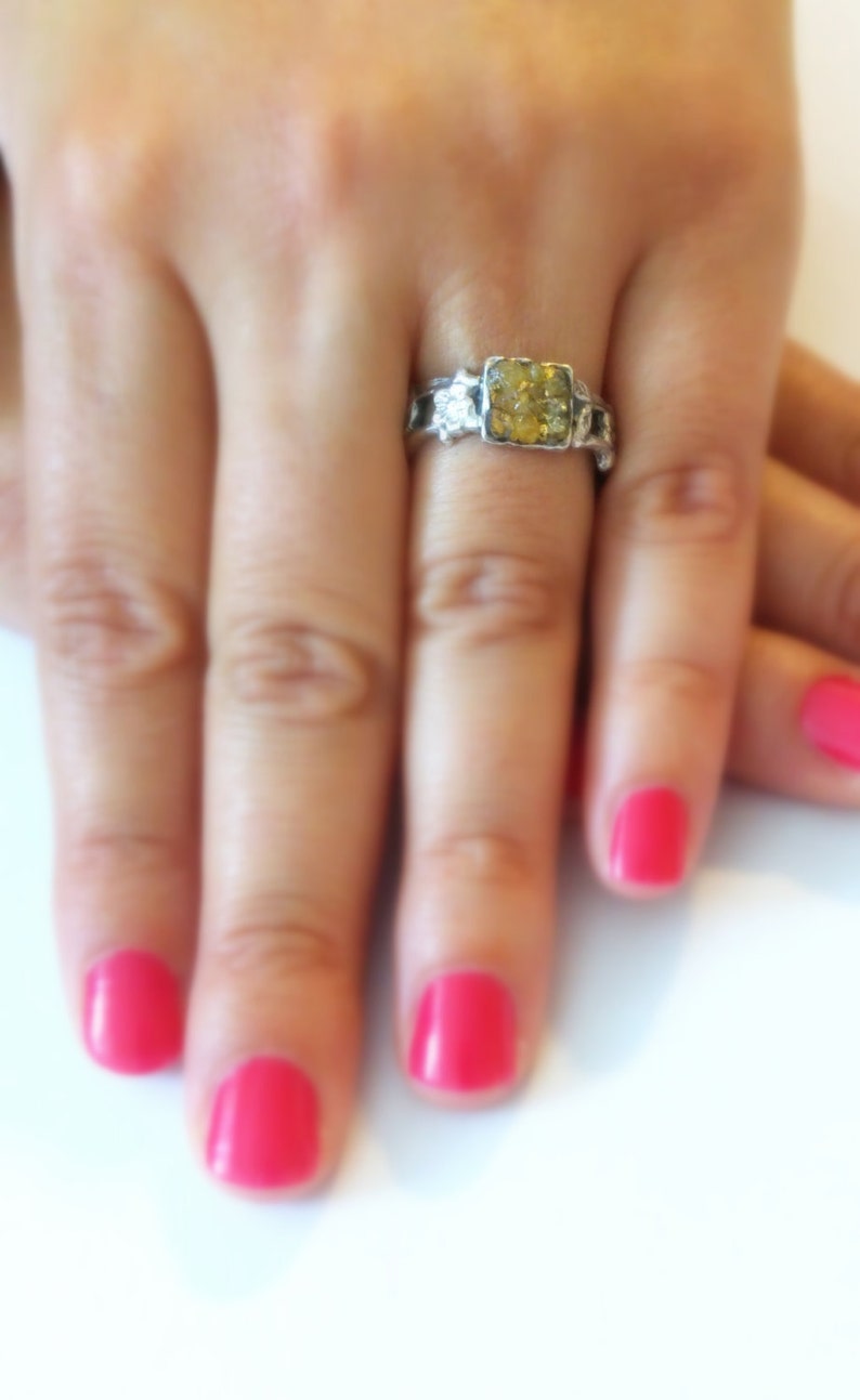 Raw Diamant Verlobungsring, 24K Gold Basis, Silber Blume Ring, einzigartiges Design Bild 5