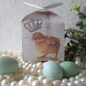 May include: A white gift box with a crown and a chick illustration. The box is surrounded by a pearl necklace and two light blue eggs.