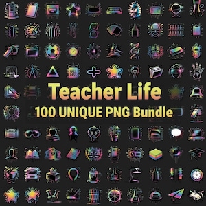 100 Teacher Icons Neon PNG Bundle | UV glow style for tees & POD | 5000x5000 Transparent