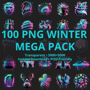 Könnte beinhalten: Eine Sammlung von 100 PNG-Grafiken zum Thema Winter mit transparentem Hintergrund. Die Grafik zeigt Illustrationen von Winterelementen wie einem Fuchs, einer Eule und einem Bären. Der Text lautet "100 PNG WINTER MEGA PACK". Das Bild zeigt auch "Transparent • 5000x5000 Instant Download • POD-Friendly".