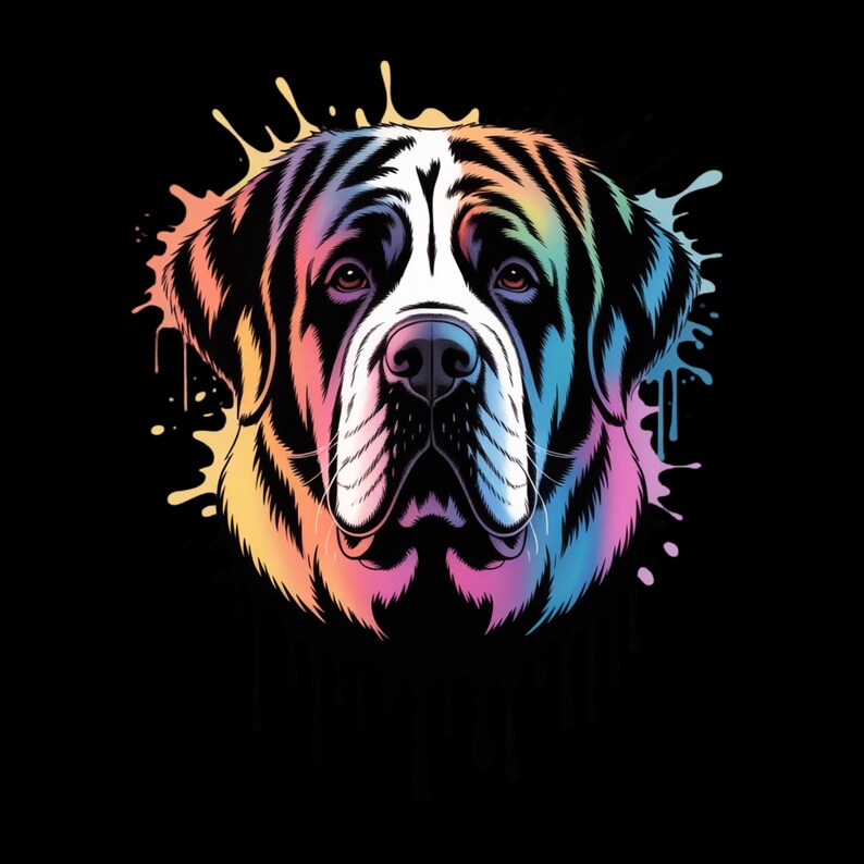 May include: A colorful graphic of a Saint Bernard dog's face against a black background. The dog's fur is rendered in a rainbow gradient, with splashes of paint around the head. The dog has a white muzzle and a serious expression.
