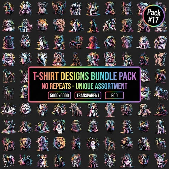 Neon Dog T-Shirt Designs Assortment Pack #17 | 100 PNG Bundle