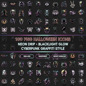 Halloween Neon Drip PNG Bundle — 100 Blacklight-Glow T-Shirt Designs (5000×5000, Transparent)