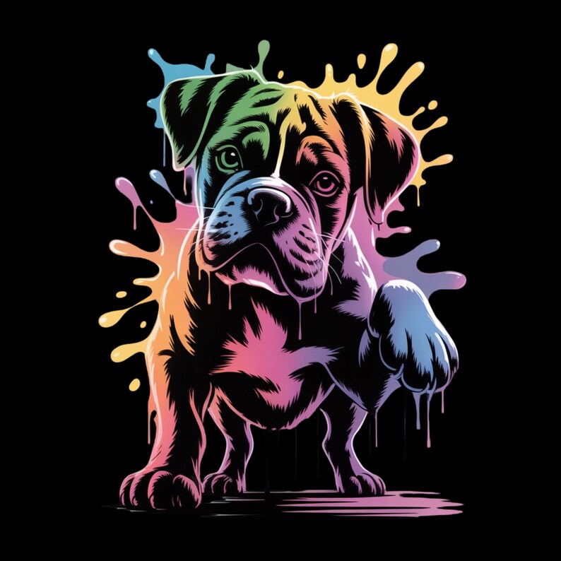 May include: A digital illustration of a bulldog with rainbow-colored paint splatter effects against a black background. The dog is depicted in a stylized, graphic manner, with vibrant colors highlighting its features and the paint drips.