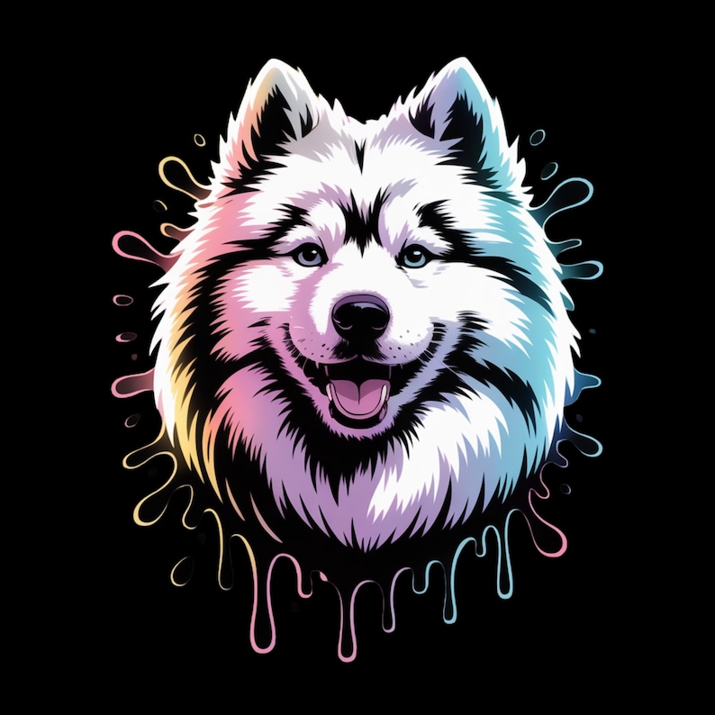 May include: A digital illustration of a smiling husky dog with blue eyes, white fur, and black markings. The dog is surrounded by colorful, dripping paint-like accents against a black background.