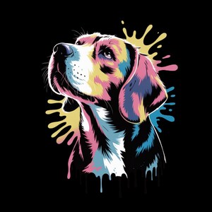 May include: A colorful pop art style illustration of a beagle dog looking upwards. The dog's head features a white muzzle, pink, yellow, and blue accents, with black and white fur. Splatter-like paint effects in yellow, pink, and blue surround the dog against a black background.