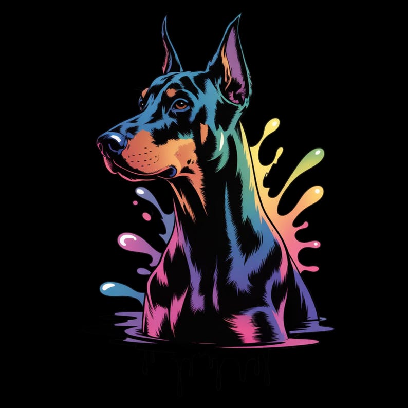 May include: A vibrant, stylized illustration of a Doberman Pinscher dog against a black background. The dog's features are highlighted with rainbow colors, and colorful paint splatters add a dynamic effect. The dog is facing left, with its ears erect.